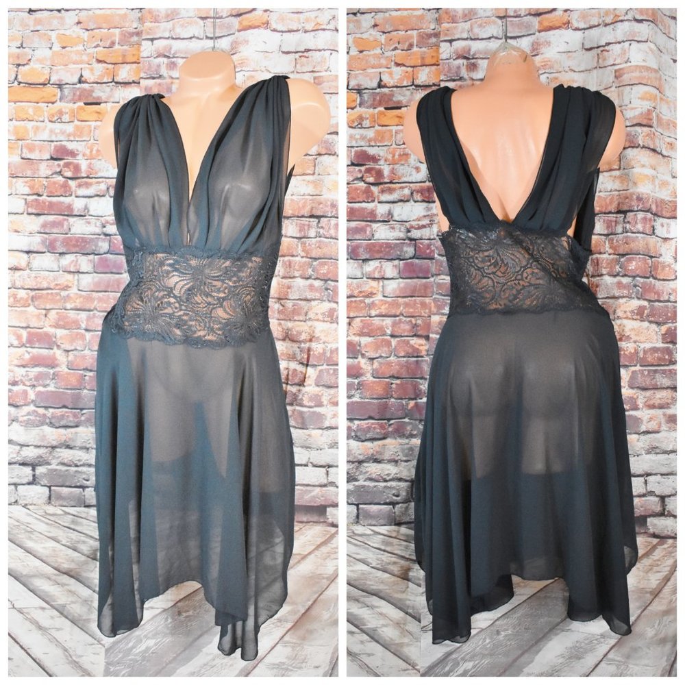 Victorias Secret Medium Sheer Mesh Lace Black Dressing Nightgown Full Sweep